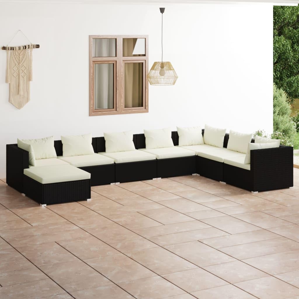 8 Piece Outdoor Garden Lounge Set, Black PE Rattan, Powder-Coated Steel Frame, Modular Patio Furniture Set with Cream Cushions, Balcony Lawn Deck