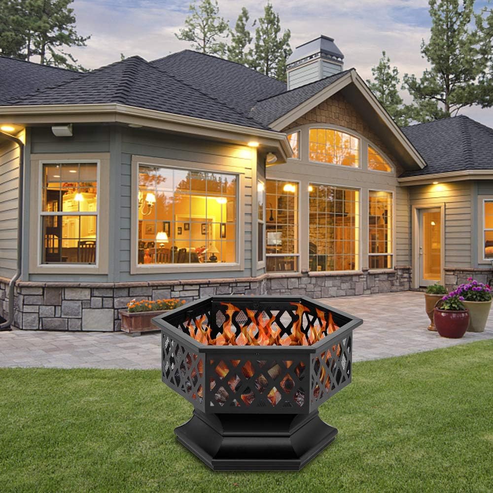 Outdoor Fire Pit Fireplace Portable Firepit Iron Brazier Wood Burning Coal Pit Fire Bowl Stove with Mesh Screen Lid Poker for Camping Patio Garden Backyard Beach Picnic (27.5