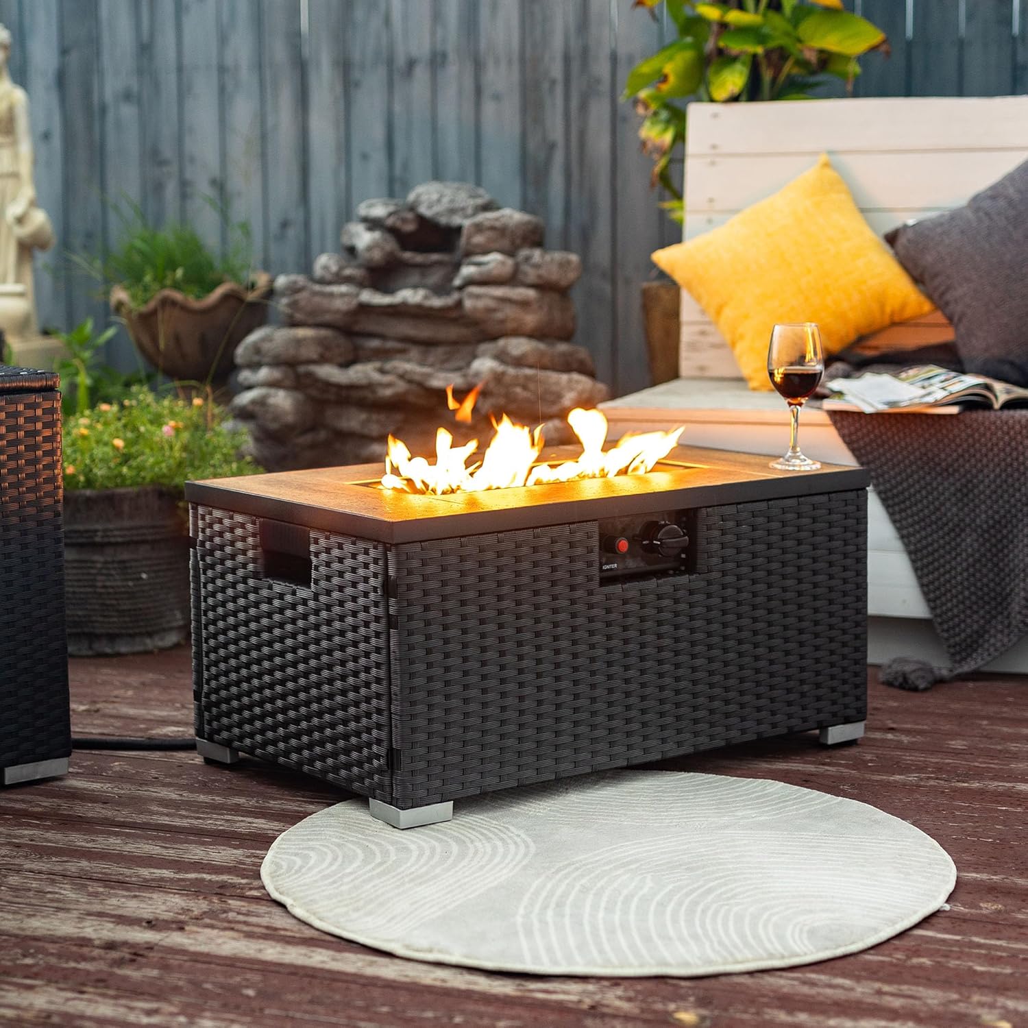 32in Gas Fire Pit Table Set, 50,000 BTU Propane Fire Pit Table Outdoor with Rain Cover, Hideaway Tank Holder Fits 20lb Tank, Gas Fire Pit for Outside w/Ceramic Tabletop and lid, Glass Rocks.