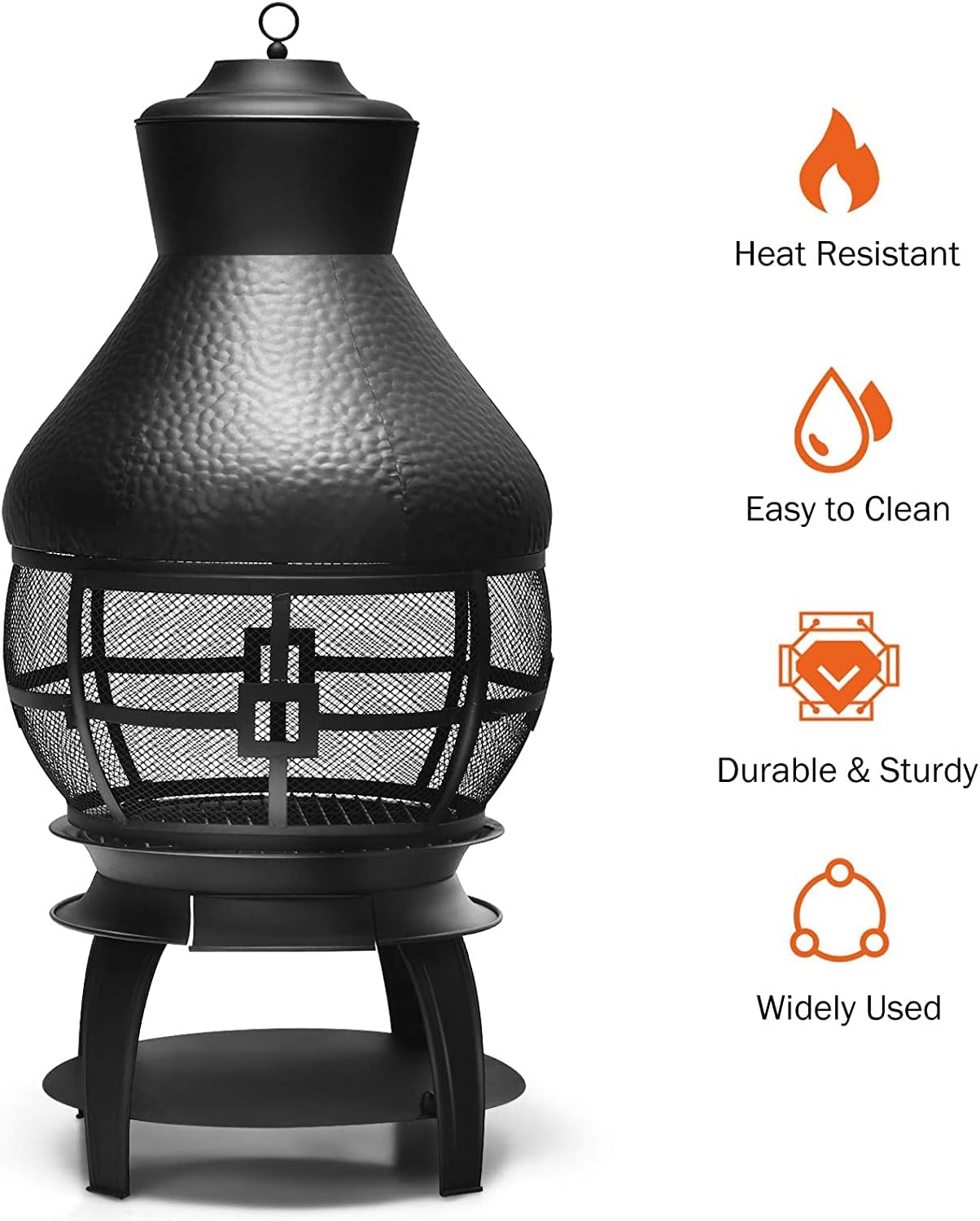 SAFSTAR Outdoor Cast Iron Chiminea, Fireplace Wooden Chiminea Fire Pit w/Fire Poker, 360°Fire Retardant Mesh Cover, Patio Wood Burning Fire Pit