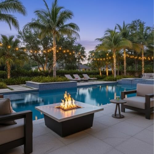 COOKE Palisades Rectangular Fire Pit Table - 52x36 - Chat Height - Natural Gas - Brushed Aluminum Top with 3cm Edge - Grey Texture Powdercoat Base