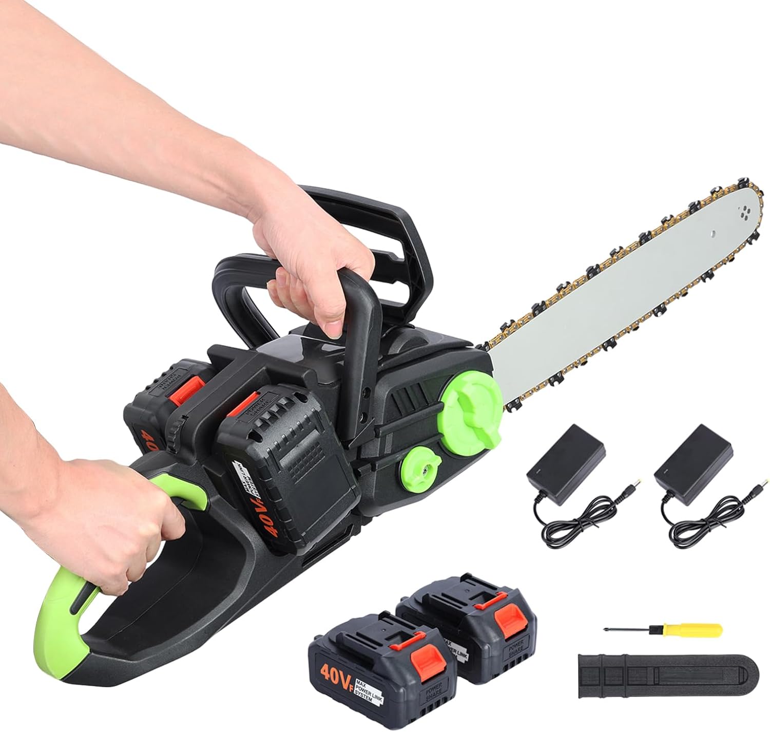 16 Inch Electric Chainsaw, 1800W High Power Battery Chain Saw with 2 x 4Ah Batteries, Handheld Cordless Chainsaw for Tree Cutting Garden Pruning Logging, Auto-Lubrication