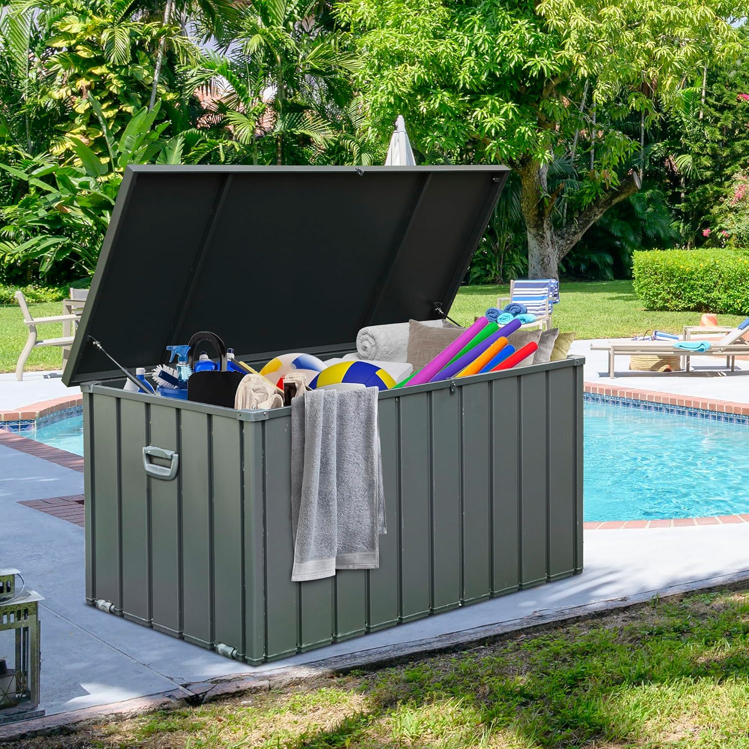Domi Deck Box 200 Gallon Outdoor Storage Box, Large Metal Storage Cabinet Waterproof Lockable Container for Patio Furniture Cushions Garden Tools Pool-Supplies, Dark Grey
