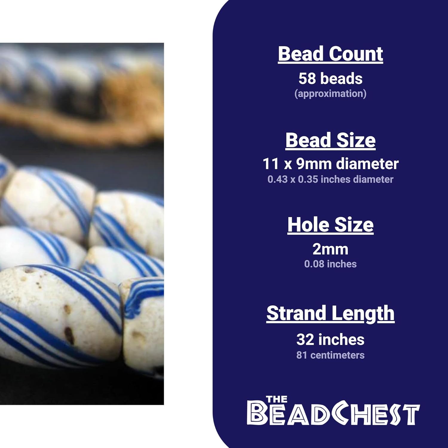The Bead Chest Antique Great Lake Trade Beads Long Strand 9mm West Africa African Blue Oval Glass Large Hole 32 Inch Strand Handmade