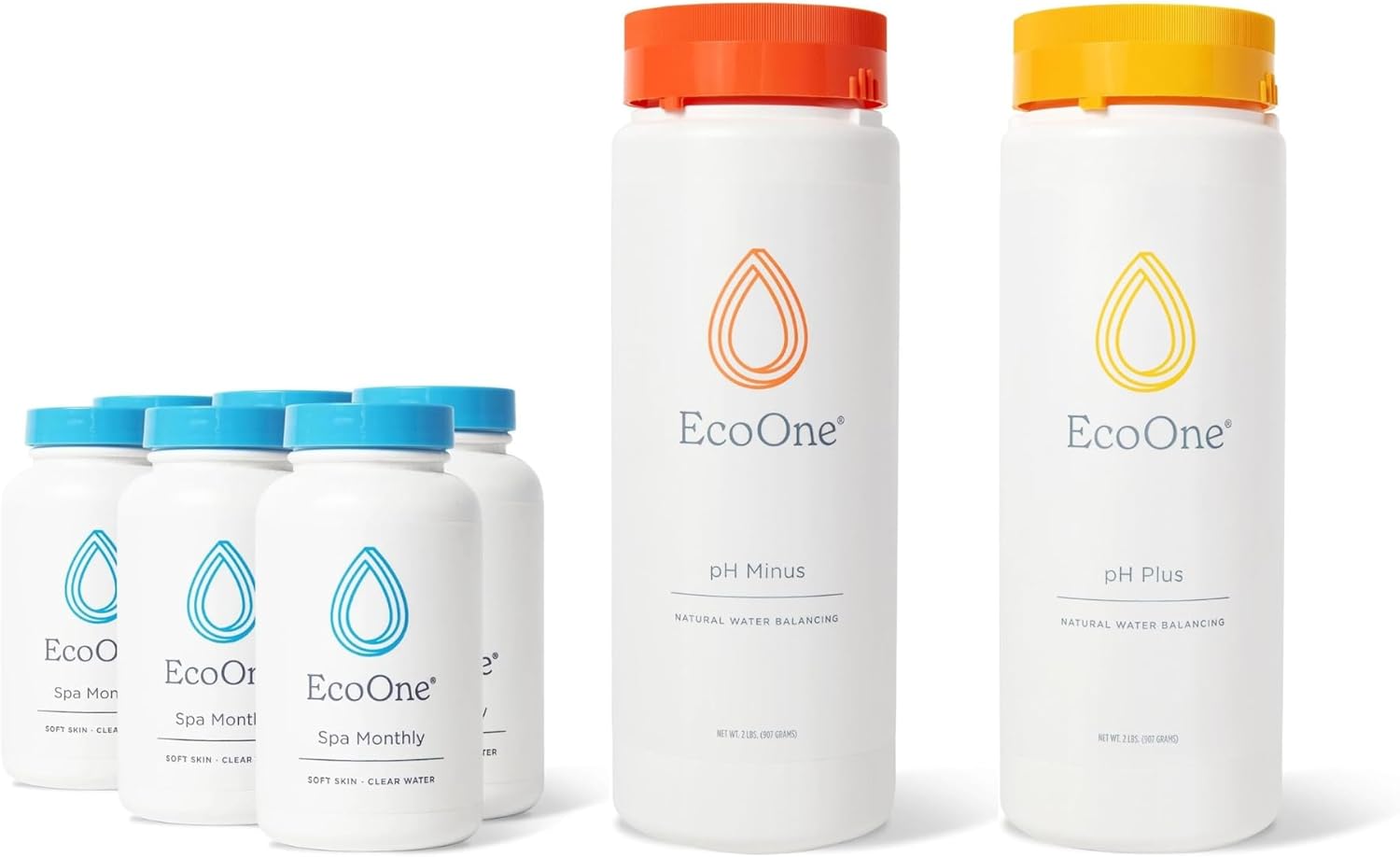 6-Pack Spa Monthly, 2-Lb pH Minus, & 2-Lb pH Plus Bundle by EcoOne | Hot Tub, Pool, & Spa Water Cleaner & Balancer Bundle