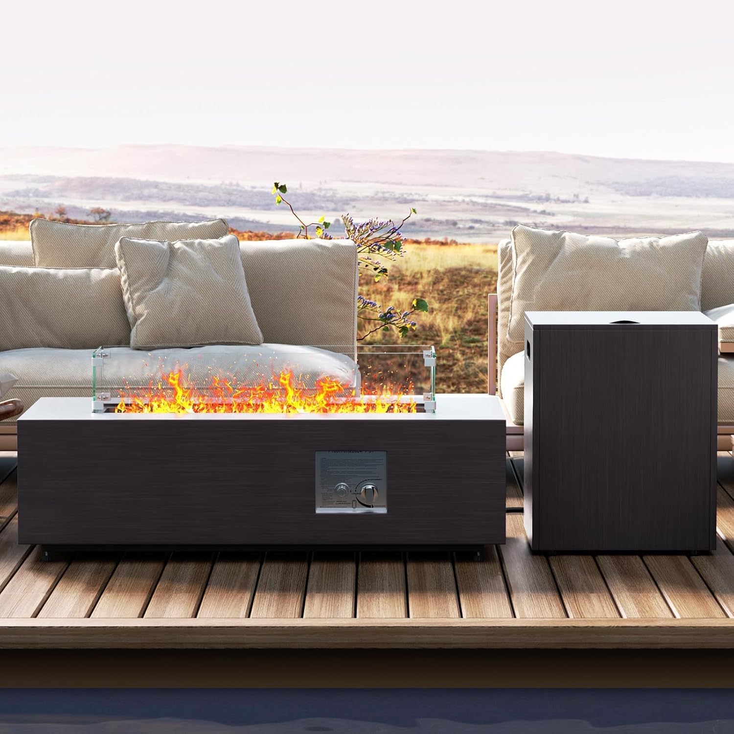 42in Fire Pit Table Propane Fire Pit 2 Piece Rectangular Gas Fire Pits 50,000 BTU with Wind Guard Propane Tank Cover Table Lava Rocks for Outdoor Outside Patio