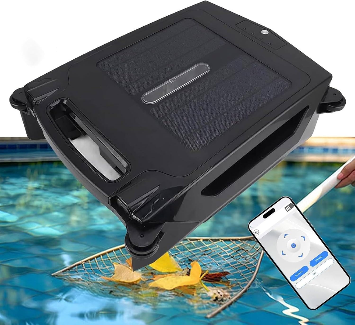 Automatic Solar Pool Skimmer Robot, Robotic Pool Skimmer Cleaner Cordless Pool Cleaning Robot for Pool Surface Dual Charging Options Smart Obstacle Detection