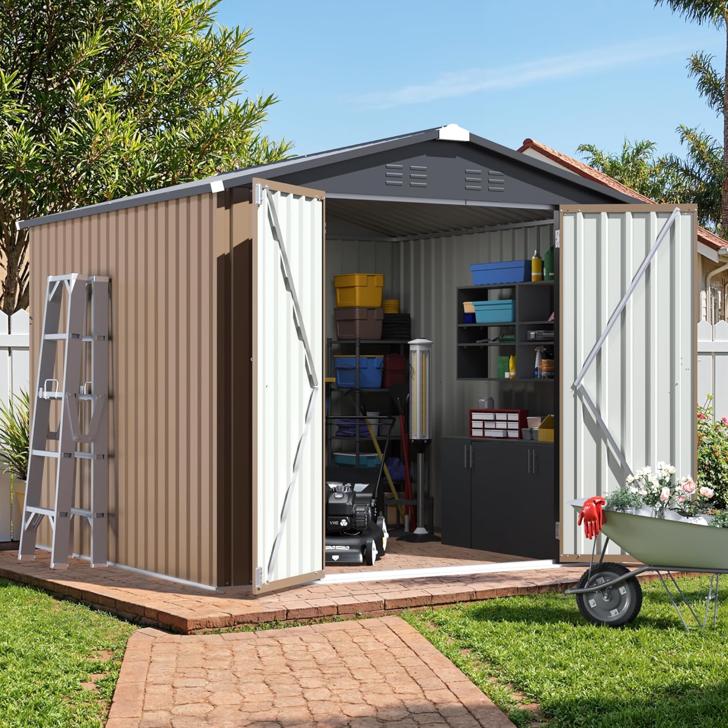 JUMMICO 8x8 FT Outdoor Storage Shed, Heavy Duty Tool Metal Sheds with Lockable Doors and Updated Frame Structure for Backyard Patio Lawn, Brown