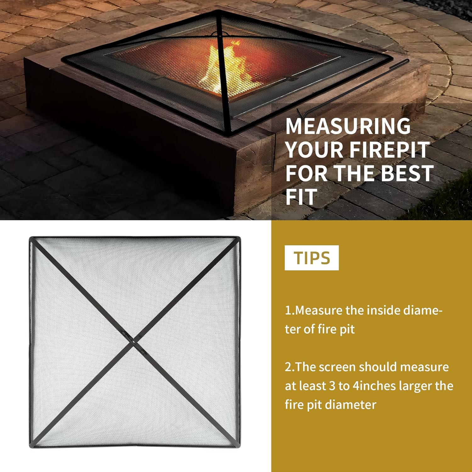 WeCooper 36Inch Heavy Duty Fire Pit Spark Screen Cover, Steel Mesh Square FirePit Screen, Fire Pit Ember Guard with Poker