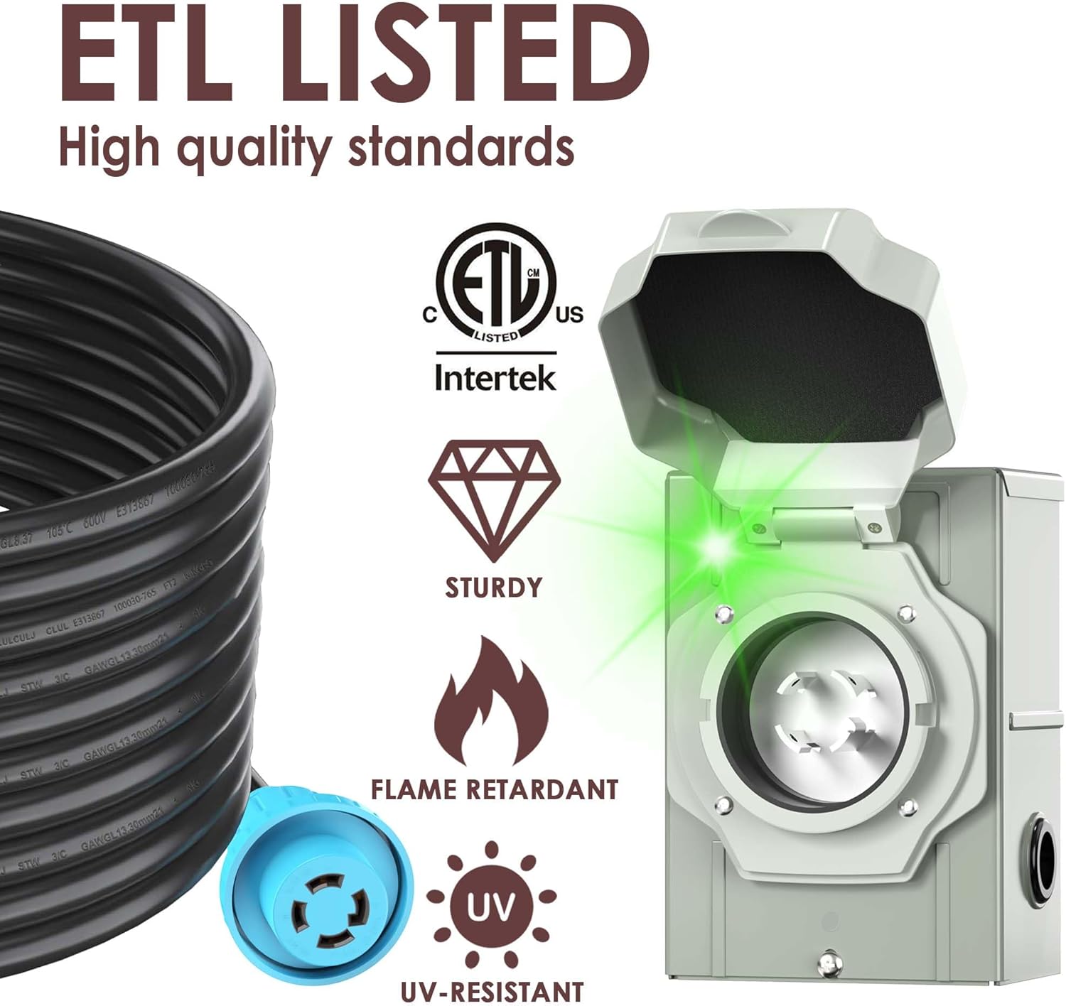 CircleCord 4 Prong 30 Feet 30 Amp Generator Extension Cord and Inlet Box with Locking Connector, Heavy Duty NEMA L14-30P/L14-30R, 125/250V 7500W 10 Gauge SJTW Generator to House Power Cord