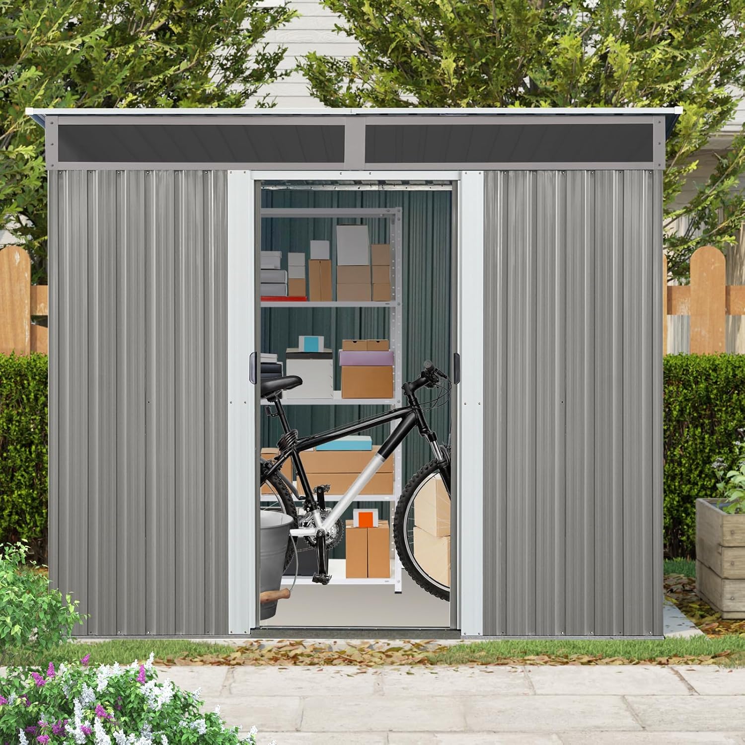 Outdoor Storage Shed Garden Tool House Windowed Foundation Frame Galvanized Panels Weatherproof Insulated UV Protection Punched Vents Sliding Doors Padlockable Entry Built-in Hooks (Gray,8x6FT)