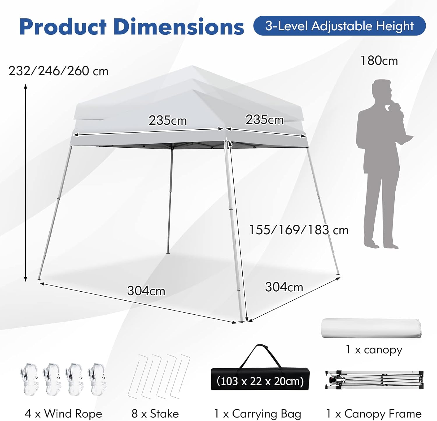 TANGZON 3 x 3M Pop Up Gazebo, Height Adjustable Instant Camping Party Tent Canopy with Slanted Legs & Carrying Bag, Outdoor Foldable Sun Shade Event Shelter (White, No Mesh Sidewalls & Sand Bags)