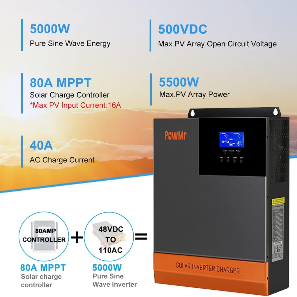 48V Solar Inverter 5000W Off Grid Inverter, 48V DC to 110V AC 5KW Pure Sine Wave Power Inverter 80A MPPT Charge Work with 48V Lead-Acid Lithium Can take Solar Power/Utility Power