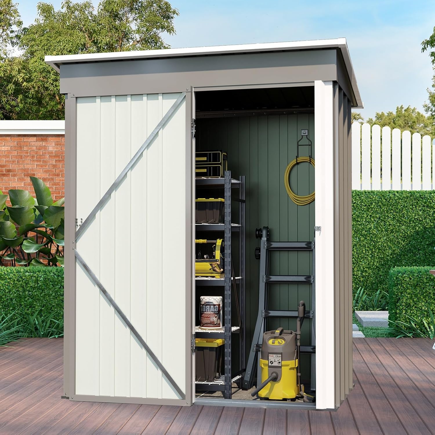 Metal Outdoor Storage Shed 5 x 3 FT, Steel Utility Tool Shed Storage House with Sloping Roof and Lockable Door, Waterproof Garden Storage Tool Shed for Backyard Patio Lawn (Grey, 5X3 FT)