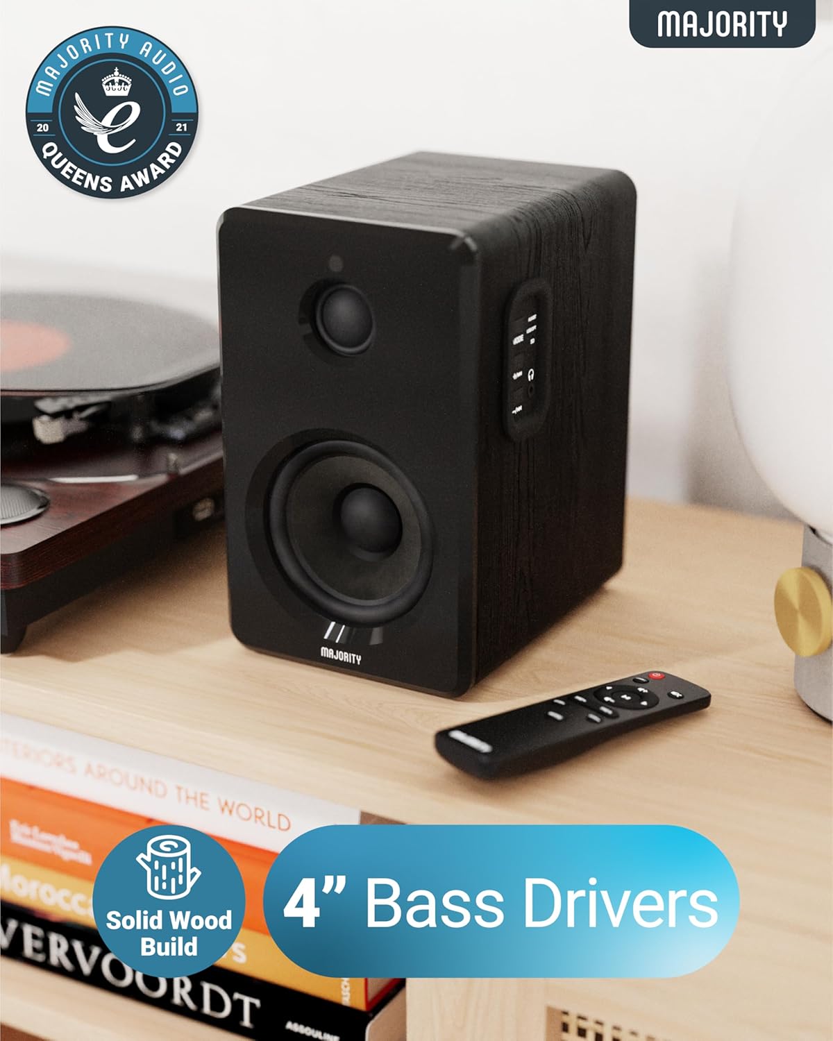 Majority D40 Active Bookshelf Speakers | Powered Stereo Studio Speakers | Powerful Amplified 2.0 Channel Sound | Bluetooth, Optical, RCA, USB & Aux Playback | Digital Controls | HiFi Speakers