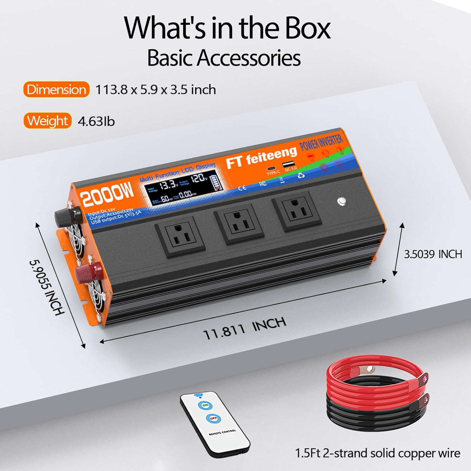 2000W Power Inverter 12v DC to 110v 120v AC with Remote 3 AC Outlets, USB Port, Dual Smart Fans, Cables Included LCD Display Power Inverter for Vehicle for Rv Truck Camping & Home Emergency Use