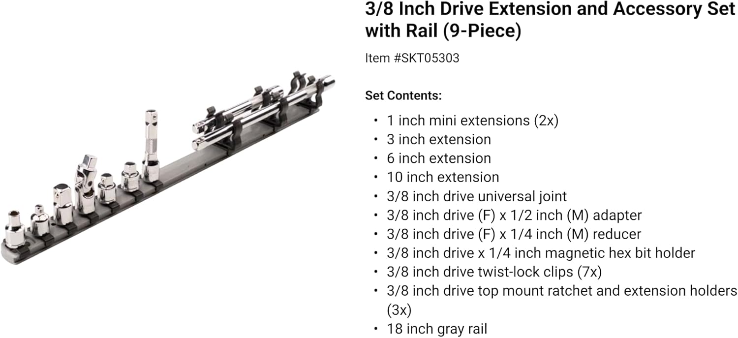 TEKTON 1/4, 3/8, 1/2 Inch Drive Extension and Accessory Set with Rails and Tray (27-Piece) | SHA99201