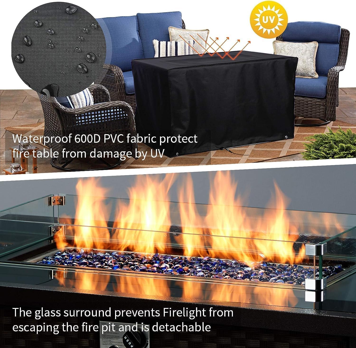 U-MAX 44in Outdoor Propane Gas Fire Pit Table, 50,000 BTU Auto-Ignition Gas Firepit with Glass Wind Guard, Black Tempered Glass Tabletop & Blue Glass Rock, Brown PE Rattan, CSA Certification