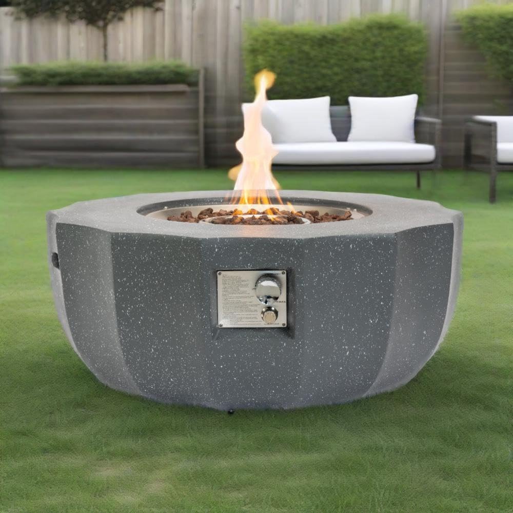 36 Inch Round Propane Fire Pit Table with Concrete Base for Patio, Backyard, Garden - Gray Finish with Lava Rocks & Rain Cover