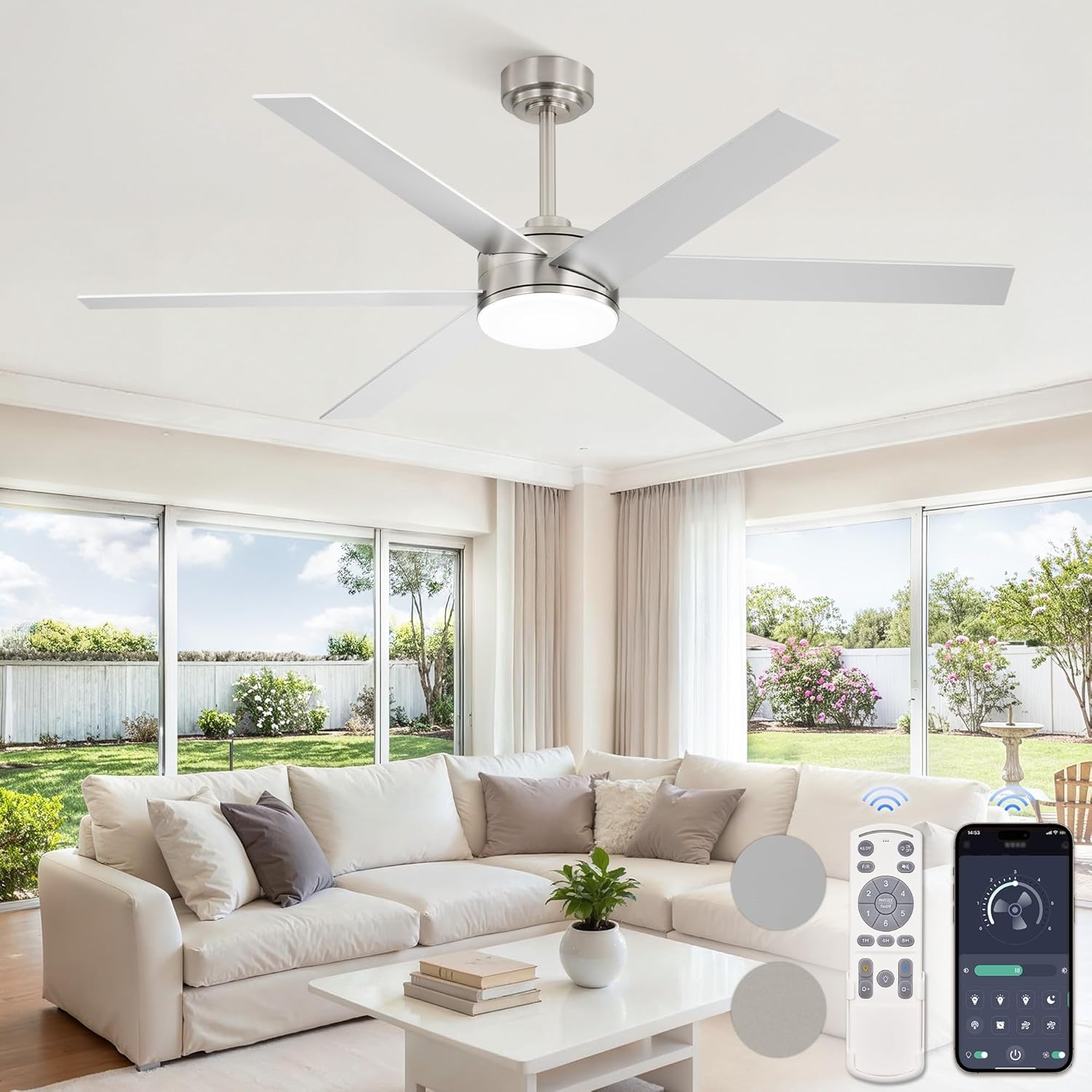 Fanbulous 56 Inch Ceiling Fans with Lights and Remote, Reversible 6 Blades, Dimmable, 3000K-6000K Adjustable, Outdoor Ceiling Fans for Patios, Large Ceiling Fan for Indoor or Covered Outdoor, Nickel