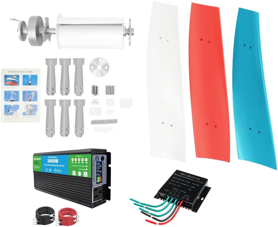 Noiseless Wind Turbine Generator, 3 Blades 12V 24V 48V 220V Windmills Kits with MPPT Controller and Power Inverter Suitable for Camping and Courtyards(3000W)