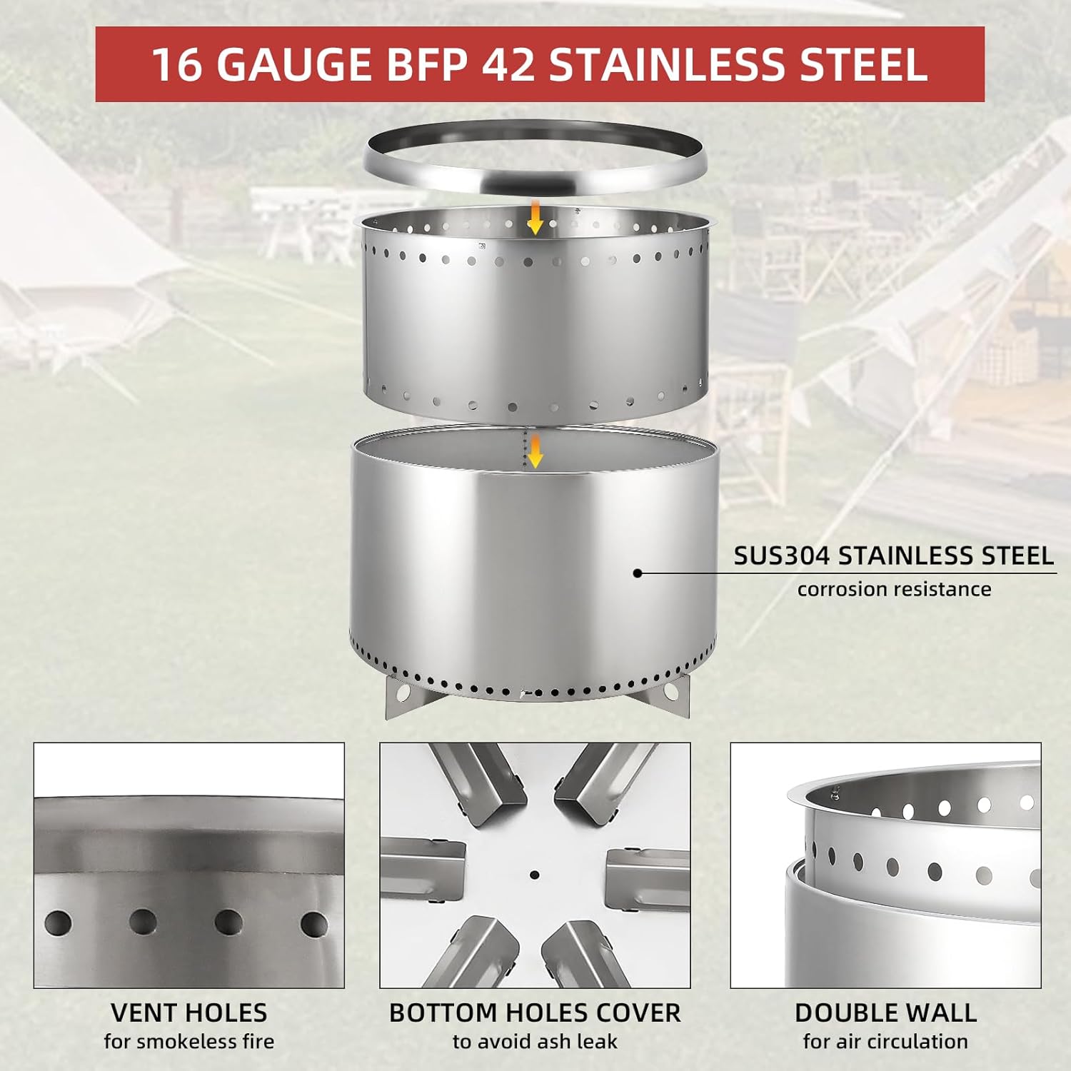 27 Inch Stainless Steel Fire Pit, Large Smokeless Fire Pit for Outdoor, Wood Burning Firepits with Removable Stand and Ash Pan, Perfect for Bonfire, Camping, Picnic, Family Gatherings for Garden