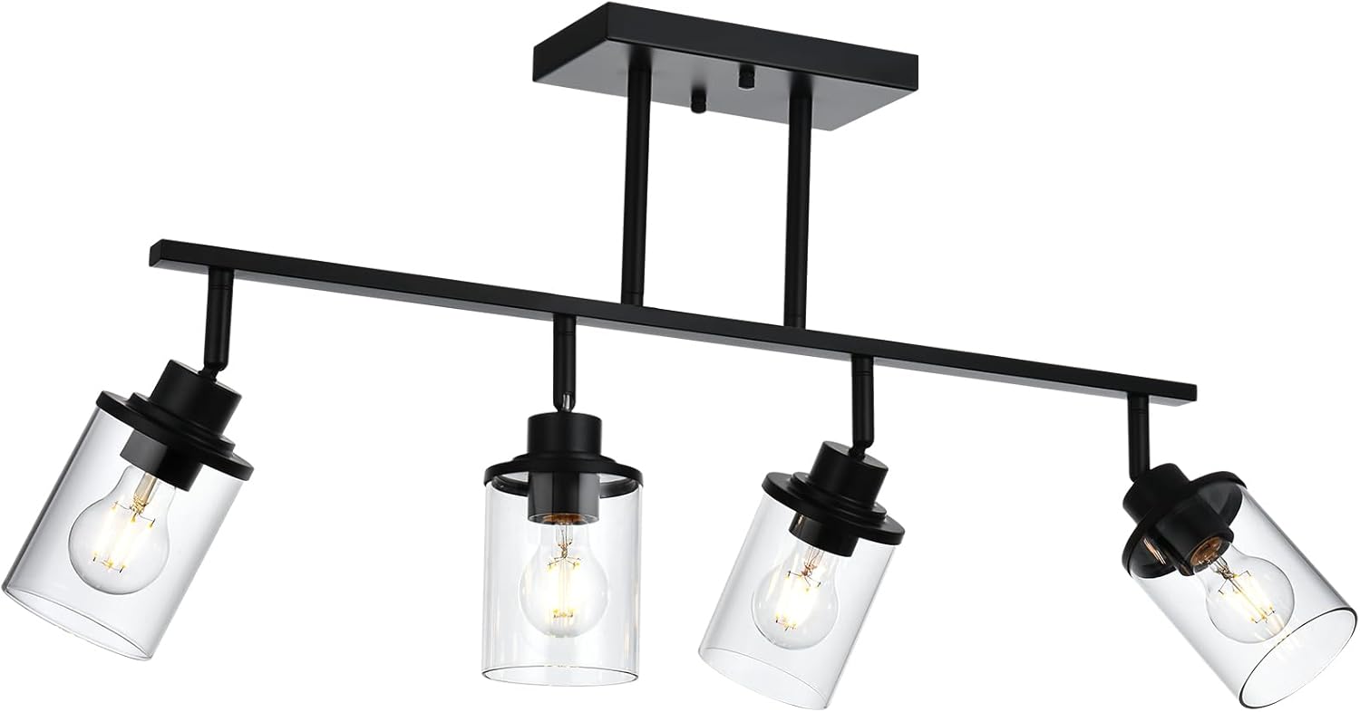 Yaohong 4-Light Black Farmhouse Track Lighting Fixtures Ceiling, Bathroom Track Lighting Kit Wall Light with Ajustable Heads, Kitchen Track Lighting Fixtures with Glass Shade for Hallway Shop