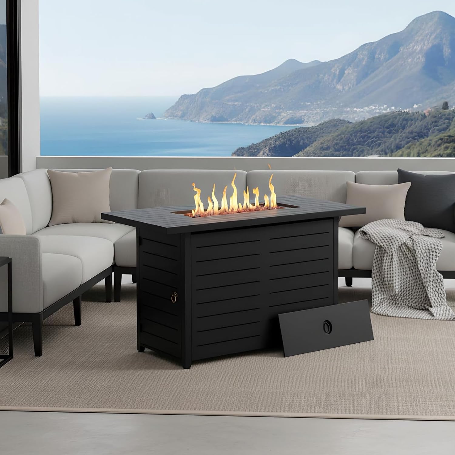 Mazatzal 42 Inch Propane Fire Pit Table, 60,000 BTU Outdoor Tabletop Fire Pit with Lid, Weather Cover, Lava Rock, Rectangular Steel Gas Fire Pit for Outside, Patio, Backyard, CSA-Certified, Black