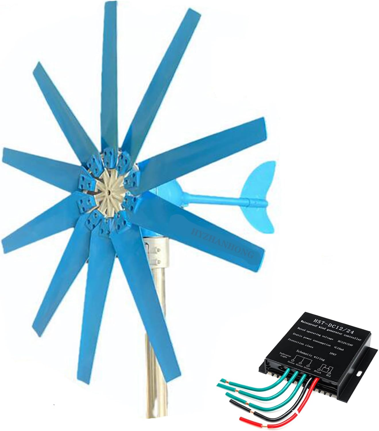 16000W 12V 24V 48V No Noise 10 Blades Wind Turbine Generator Kit, Vertical Wind Turbine Motor with Charge Controller Kit for Home Use(Blue)