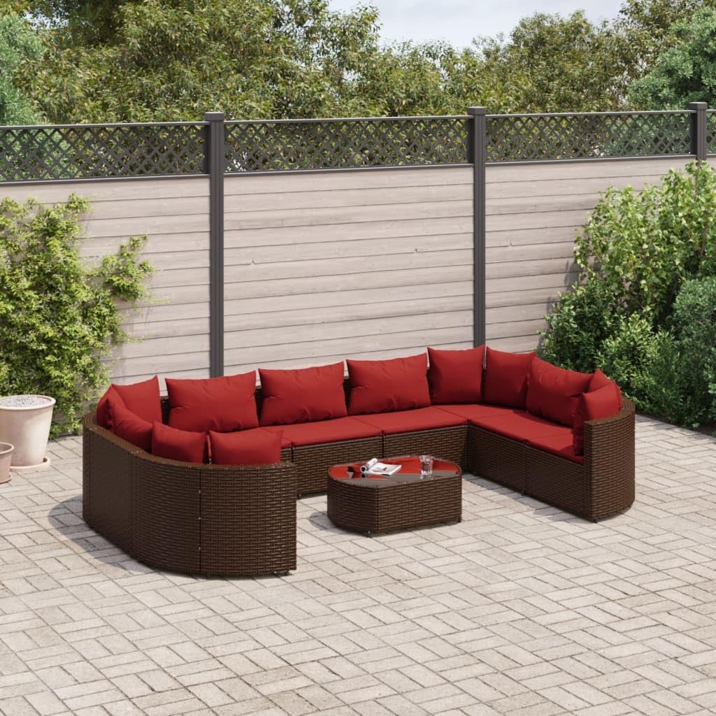 10 Piece Patio Sofa Set with Cushions Brown Poly Rattan,7Piece Outdoor Sofa Set with Glass Table PE Rattan Patio Furniture for Backyard and Terrace Furniture Sets for Patio, Lawn & Garden