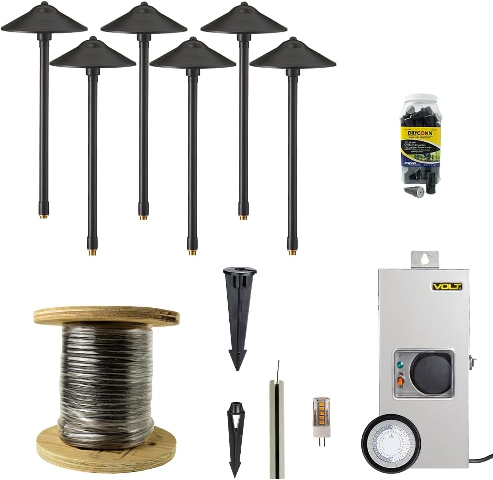 VOLT 12V Brass Max Spread LED Path Light 6-Pack Kit (Black) with 150W Low Voltage Transformer for Landscape Lighting on Outdoor Pathway, Walkway, Garden, Driveway or Patio