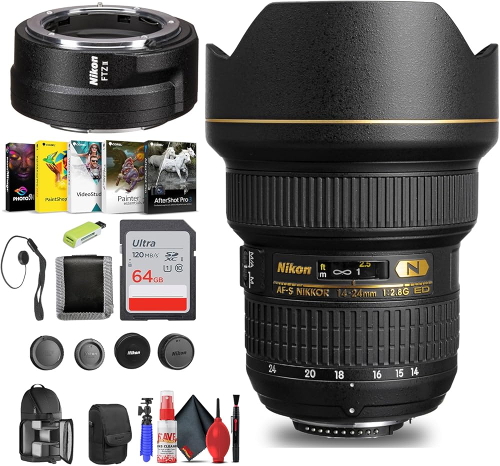 Nikon AF-S NIKKOR 14-24mm f/2.8G ED Lens for FX-Format DSLR Cameras (2163) + FTZ II Adapter + 64GB Memory Card + Filter Kit + Card Reader + Photo Software + More (Renewed)
