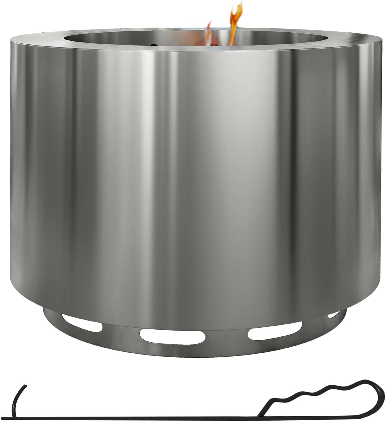 Penau Smokeless Fire Pit, 19 Inch Portable Wood Stove with Poker, Low Smoke Camping Bonfire for Patio, Stainless Steel, Silver