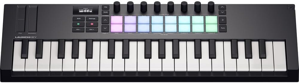 Novation Launchkey Mini 37 MK4 USB MIDI Keyboard Controller (37 Mini Keys) Bundle with Auray FP-P1L Universal Piano-Style Sustain Pedal and Hosa Mid-310 Black 10 ft. Midi cable