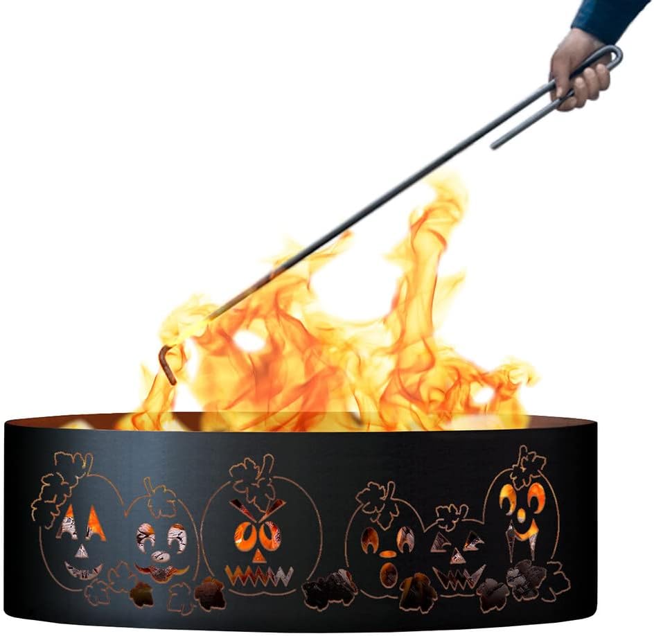 AH01448-FP Autumn Harvest Unpainted 12 in. Tall 48 in. Diameter Outdoor Fire Ring with Fire Poker - 48 x 48 x 12 in. - Rustic Black Color