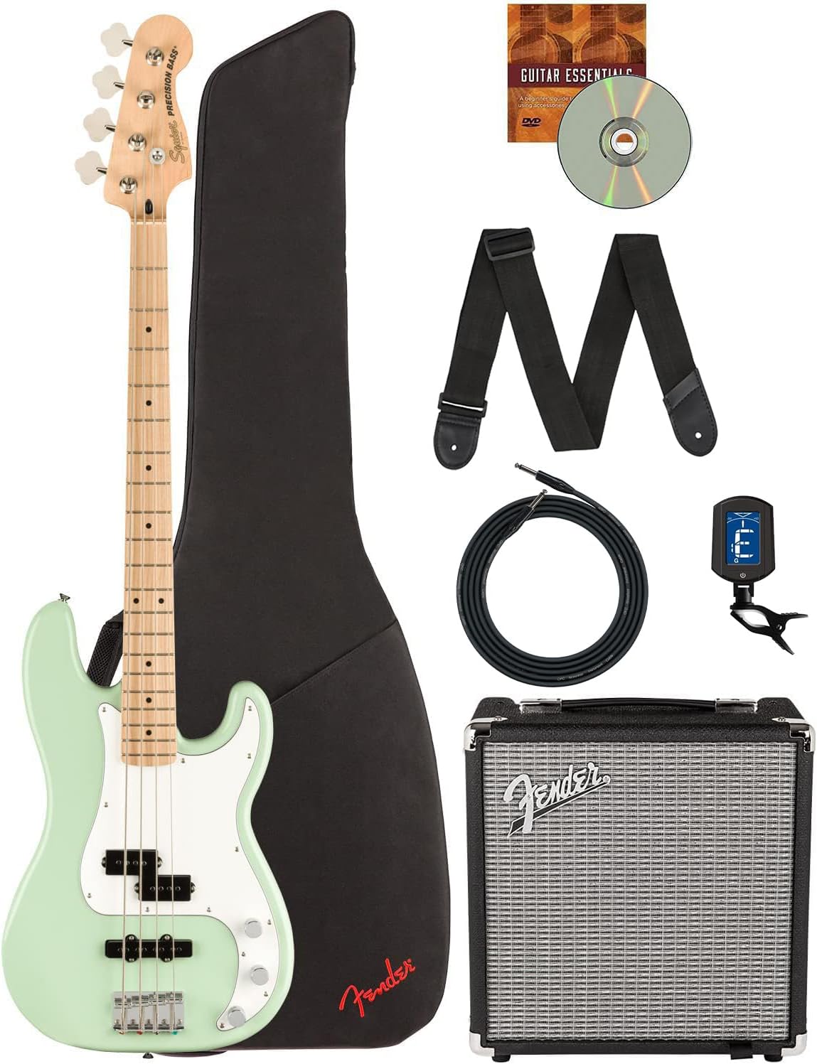 Fender Squier Affinity Precision Bass PJ - Surf Green Bundle with Rumble 15 Amplifier, Instrument Cable, Gig Bag, Tuner, Strap, and Austin Bazaar Instructional DVD