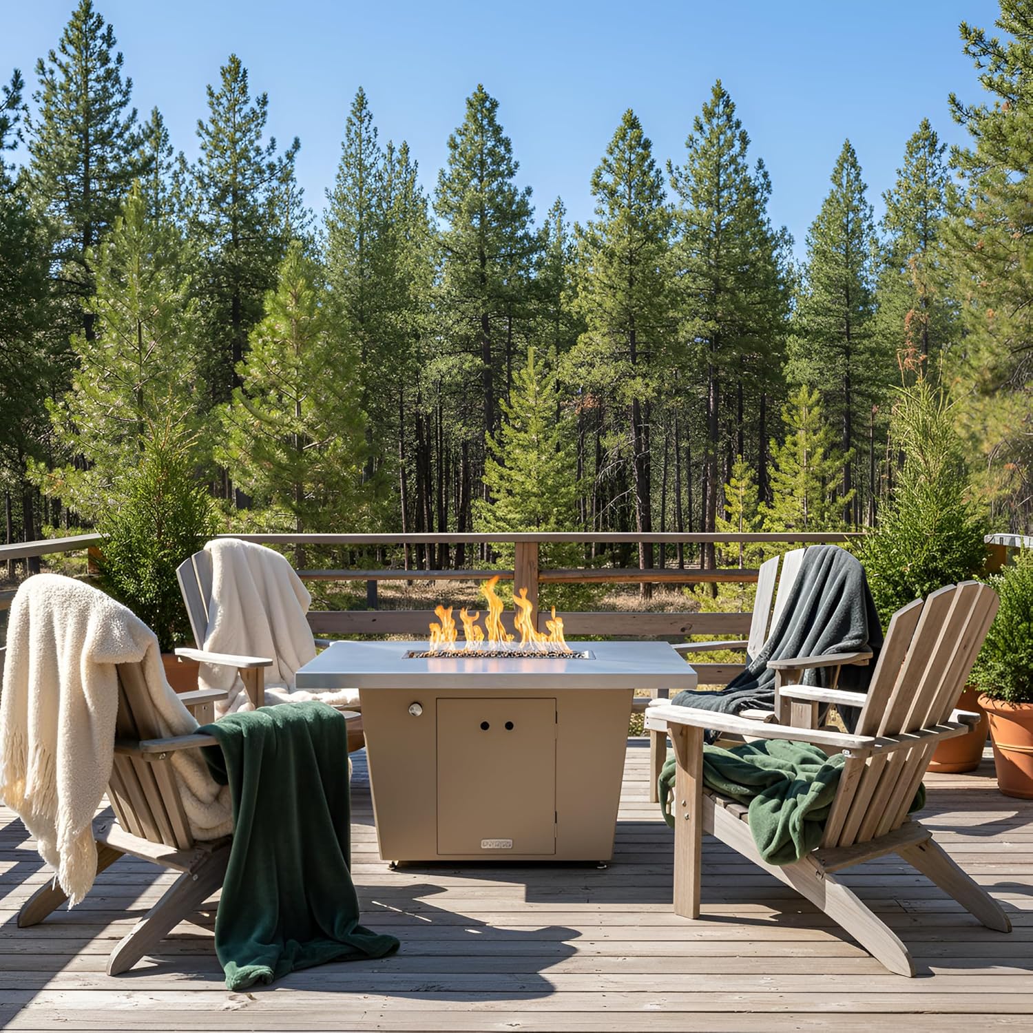 COOKE Palisades Rectangular Fire Pit Table - 44x36 - Chat Height - Propane - Brushed Aluminum Top with 3cm Edge - Beige Powdercoat Base