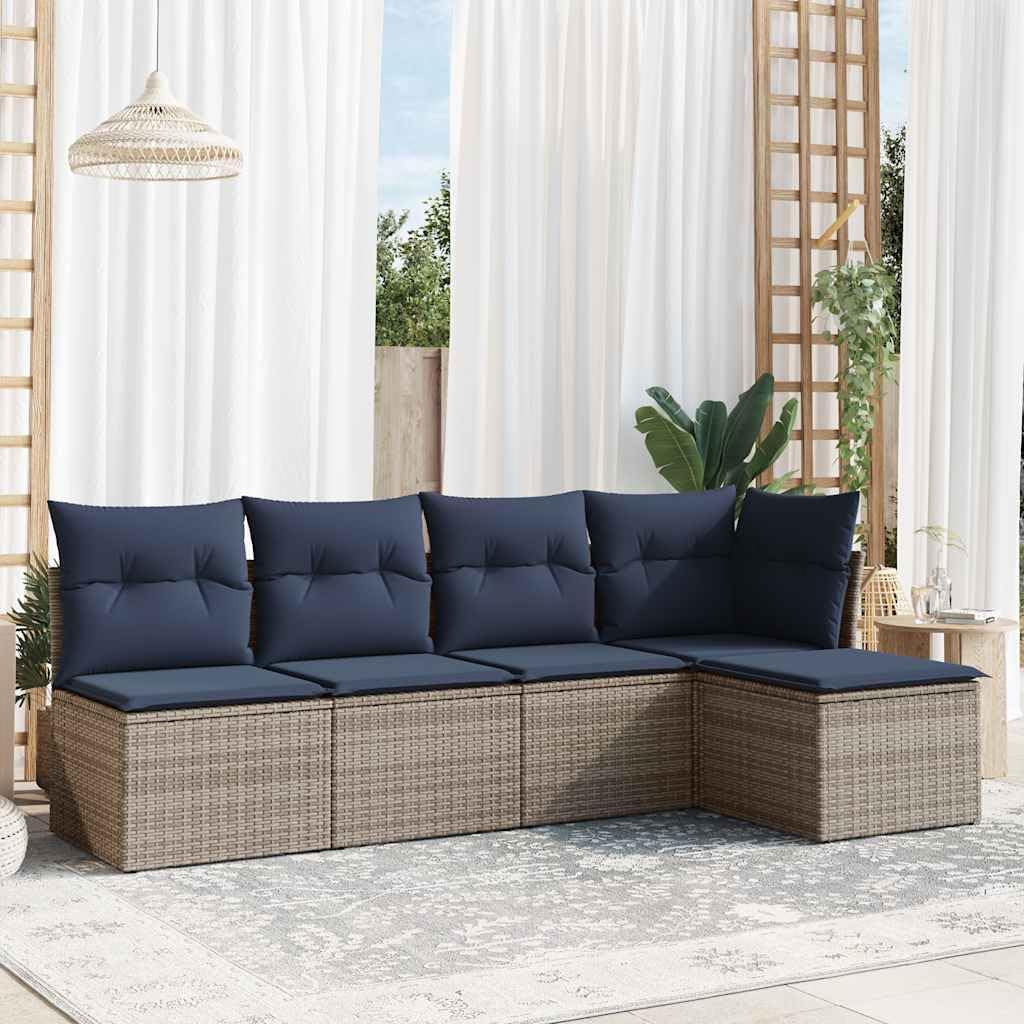 5 Piece Patio Sofa Set, Gray Poly Rattan Outdoor Furniture with Navy Cushions, Modular Design for Backyard Terrace, UV-Proof