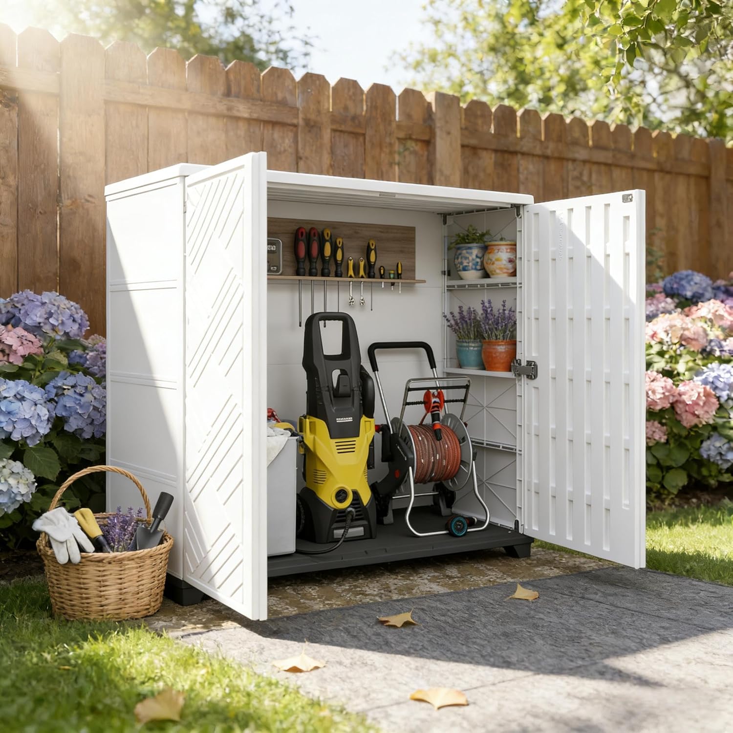 Outdoor Storage Cabinet with Lockable Doors, Portable Horizontal HDPE Plastic Storage Shed, Outdoor Waterproof Storage Cabinet for Pool Storage, Garden Shed, White