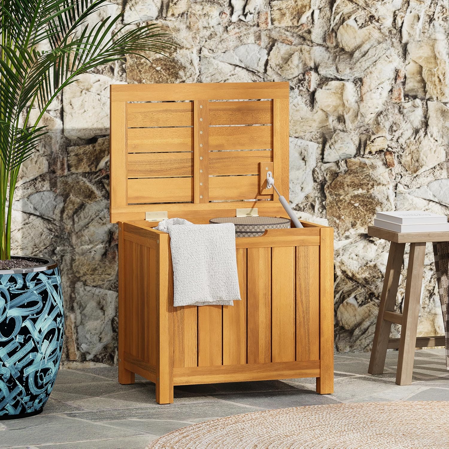 Christopher Knight Home Kensy Acacia Wood Outdoor Storage Box, 30 Gallons Wooden Patio Deck Box, Garden Backyard Tool Storage, Outdoor Storage Container for Patio Furniture Cushion, Teak Finish