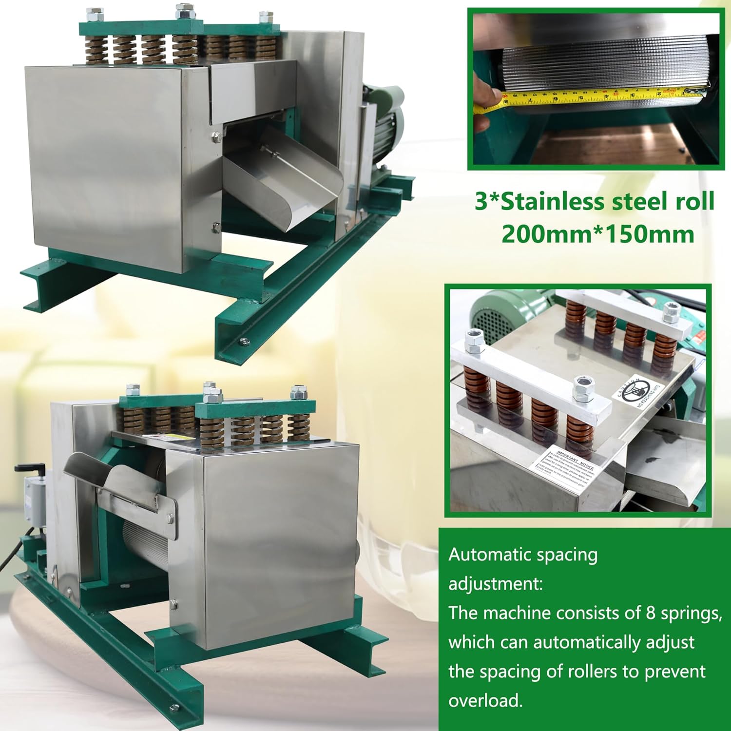 Commercial Electric Sugarcane Juicer 3-Roller Industrial Sugar Cane Press Machine 1760LBS/H High Output 220V Horizontal Stainless Steel Cane Juice Extractor Squeezer Auto Gap Adjustment