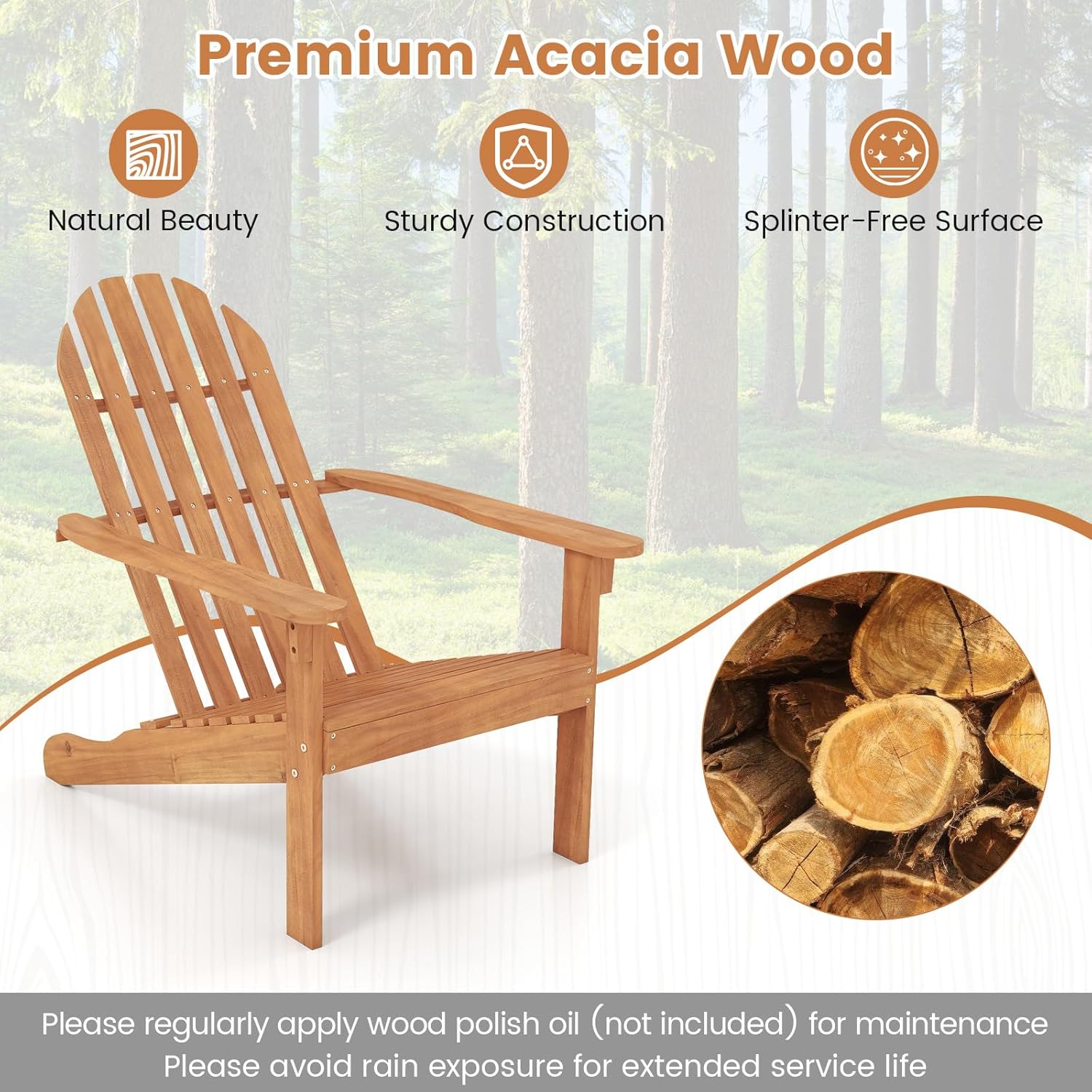 DORTALA Adirondack Chair, Acacia Wood Fire Pit Chair with Arc-Shaped Backrest and Armrests, 400 LBS Weight Capacity, Outdoor Lawn Chair for Patio, Backyard, Deck and Poolside (4)