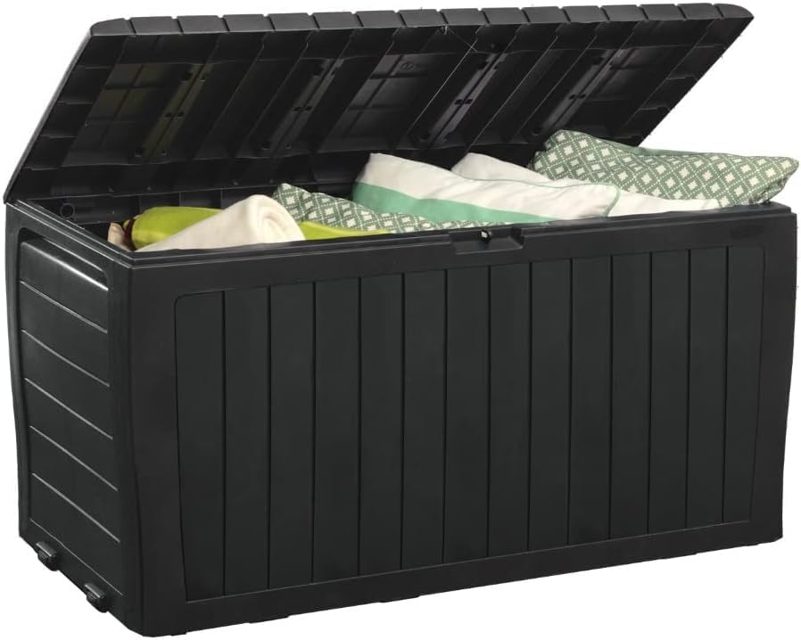 71 Gallon Outdoor Storage Box, Black Resin Deck Box with Wood-Look Texture, 485 lbs Weight Capacity, 45.9x15.6x22.4 Inches