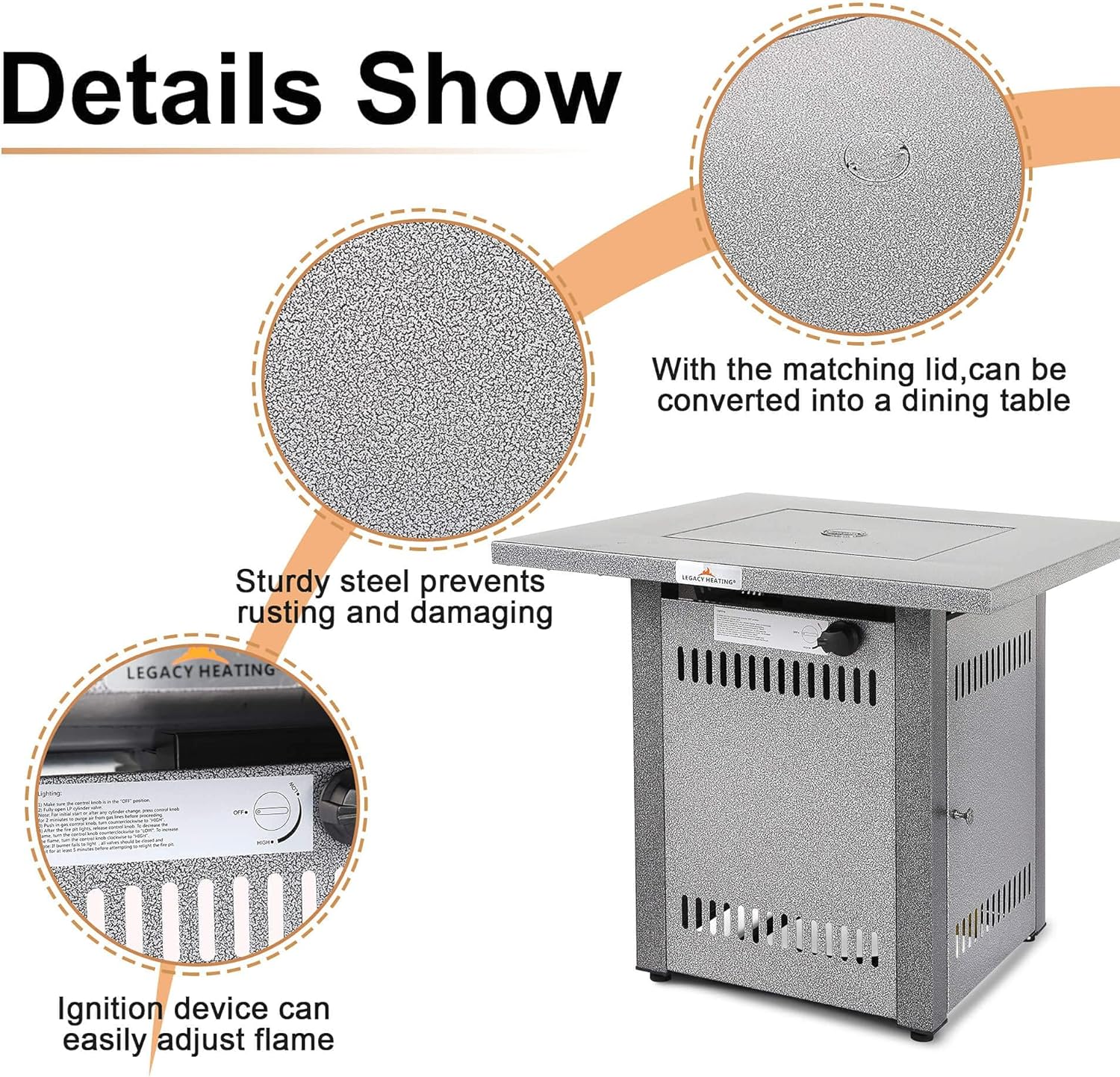 28 Inches 50,000 Btu Outdoor Propane Fire Pit Table with Lid Lava Rocks – 2-in-1 Silver Patio Heater Dining Table for Courtyard, Balcony, Deck