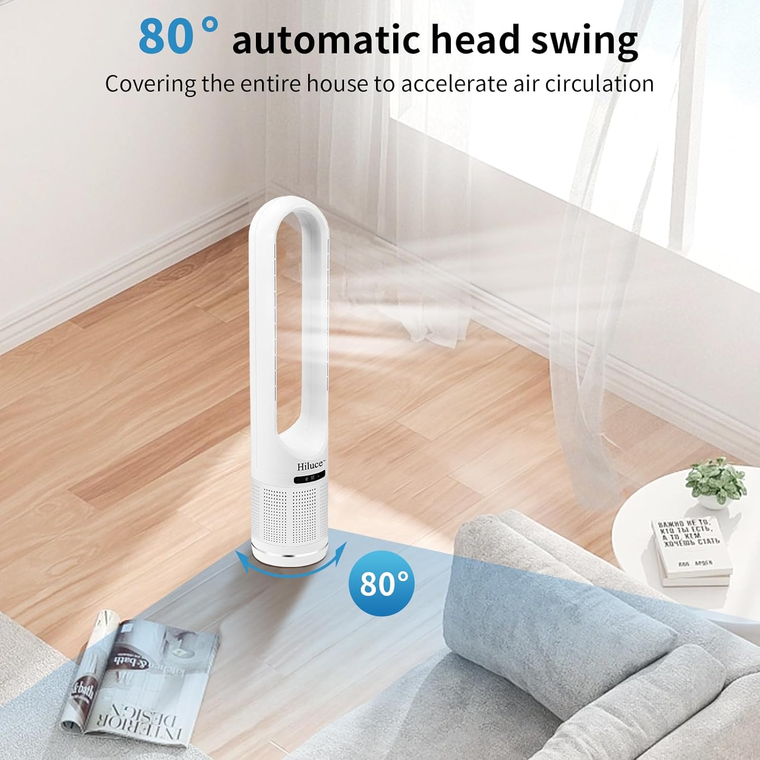 Space Heater Tower Bladeless Fan, Heater and Cooler Fan Combo with Remote,Installation Free Quiet 80°Oscillating, 8 Speeds, 9H Timer, HEPA Filter, 32 inch Large