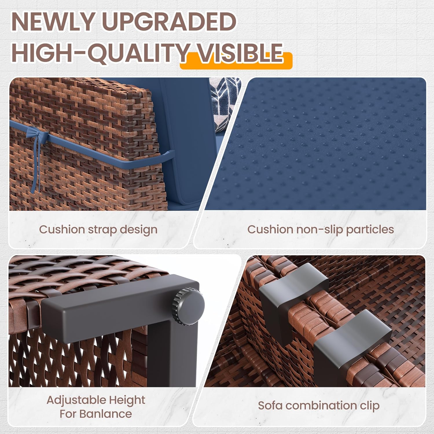 UDPATIO Patio Furniture Set with 44'' Fire Pit Table,Modular Outdoor Furniture Sets,Slanted Back Outdoor Sectional Conversation Set PE Rattan Sofa for Backyard W/Coffee Table,4'' Cushions,8 PCS,Blue