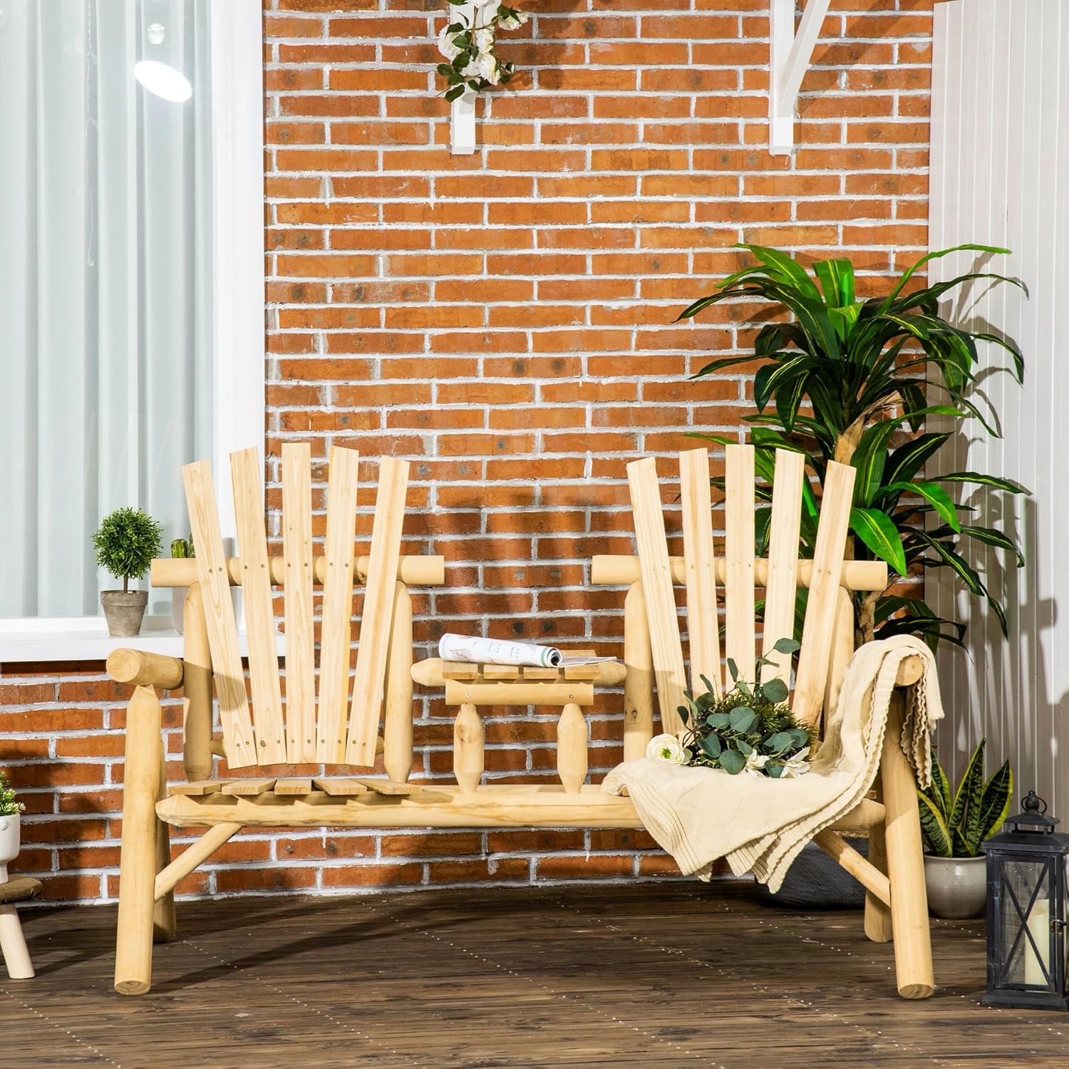 Wooden Chair with Table for Outdoor Spaces, 2 Patio Fire Pit Chair, Natural Finish Deck, Porch, Backyard Table,