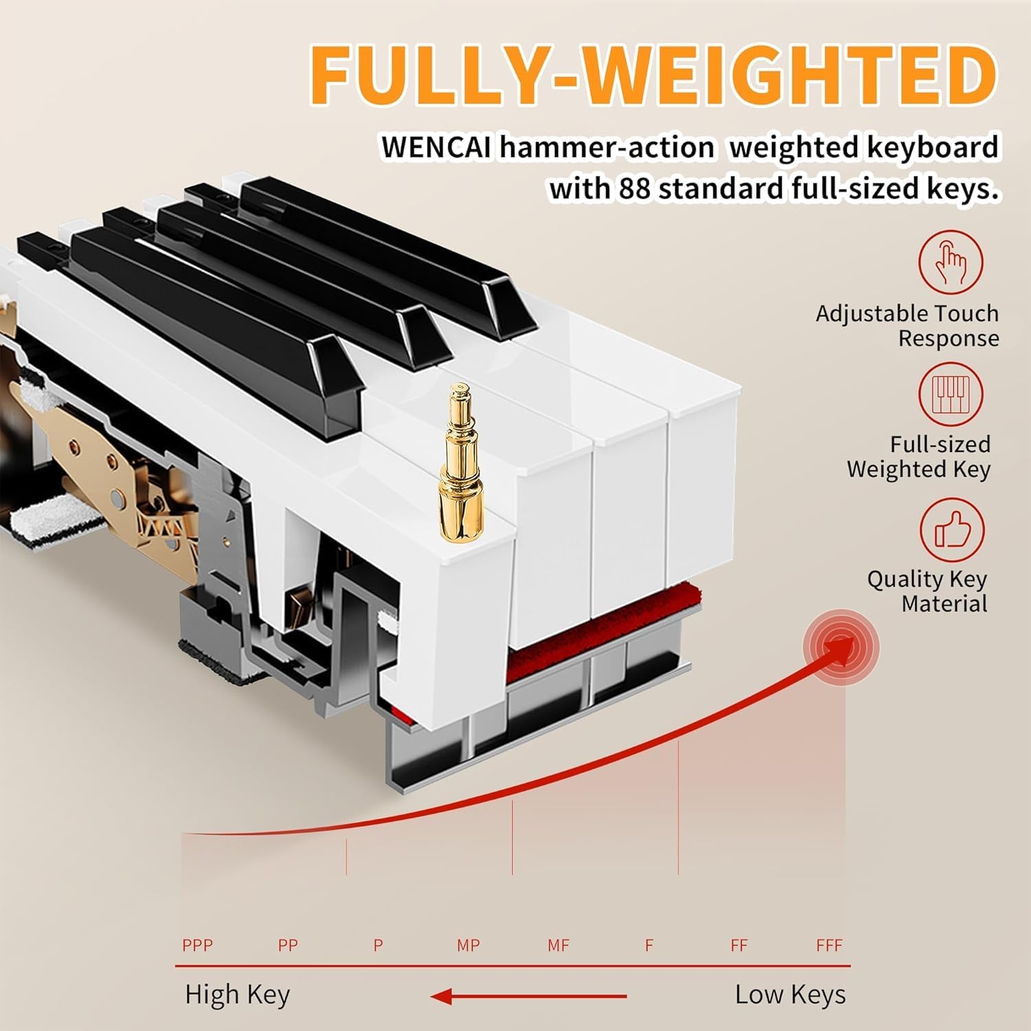 WENCAI 88 Key Fully Weighted Electric Piano Keyboard Hammer Action Full-size Digital Pianos for Beginner Professional Wooden Upright Piano with Sheet Music Stand Triple Pedal Supports USB-MIDI Orange
