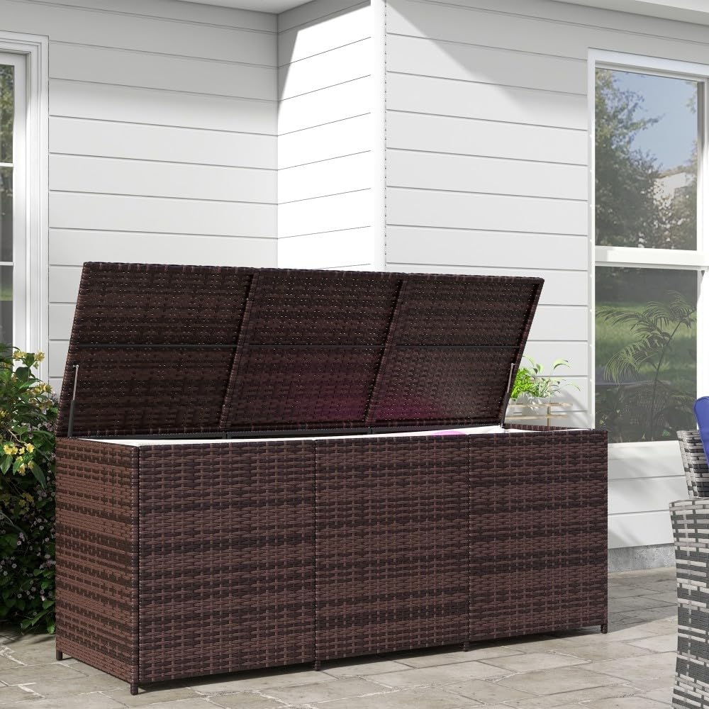 175 Gallon Deck Box Storage, Large Outdoor Weatherproof Storage Box with Lid,Wicker Outdoor Cushion Storage Box for Porch,Patio,Garden,Poolside,Tools,Toys (Brown, 70.90 Inch)