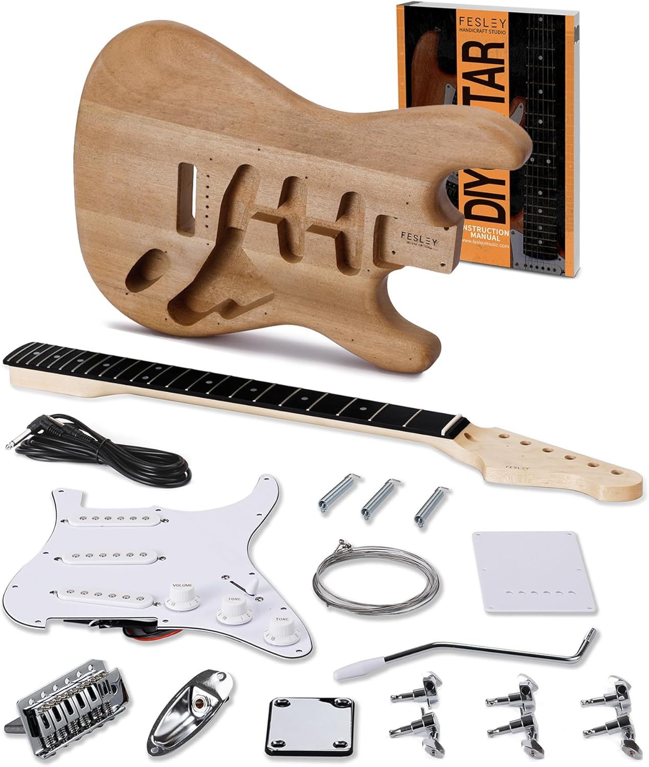 Fesley DIY Electric Guitar Kit with Mahogany Body/Maple Neck,6 Strings Electric Guitars,DIY Guitar Kit with Purpleheart Fretboard,SSS Pickups,ST Style Beginner Guitars, Build Your Own Guitar Kit